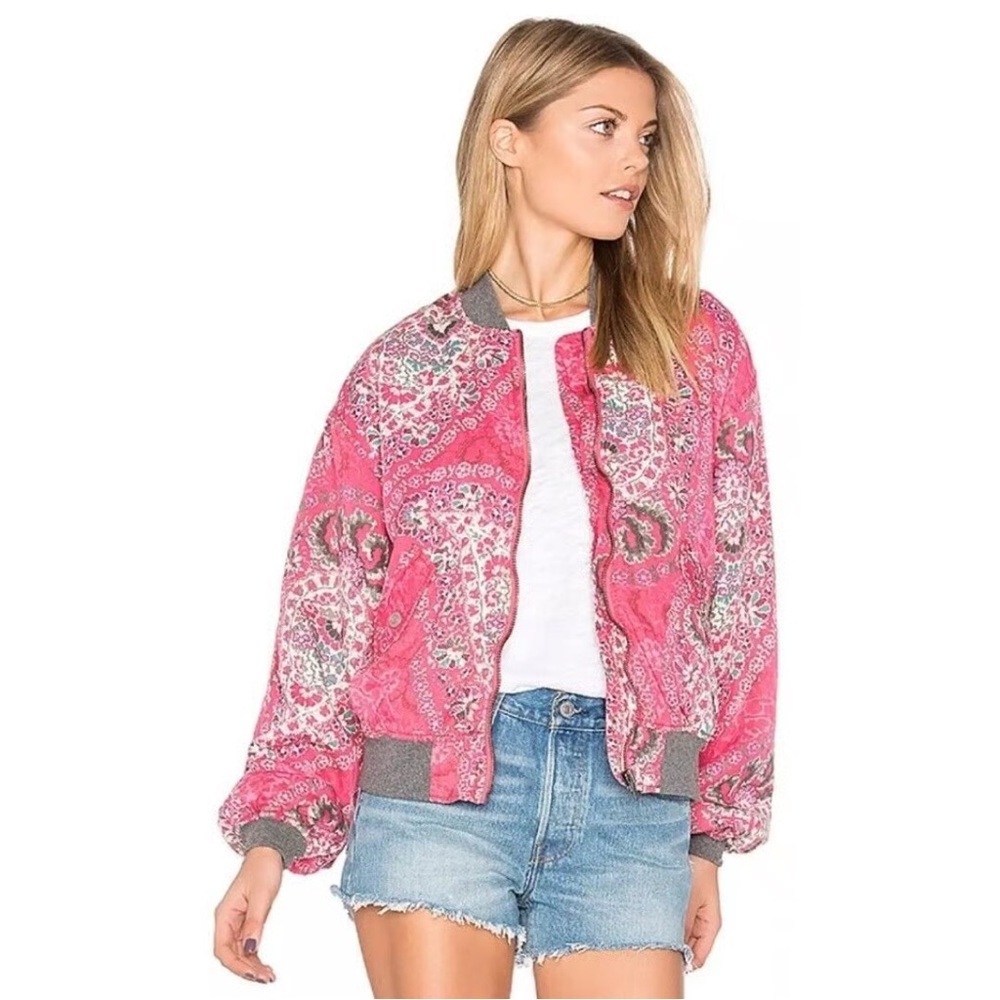 Free People Pink Paisley Bomber Jacket